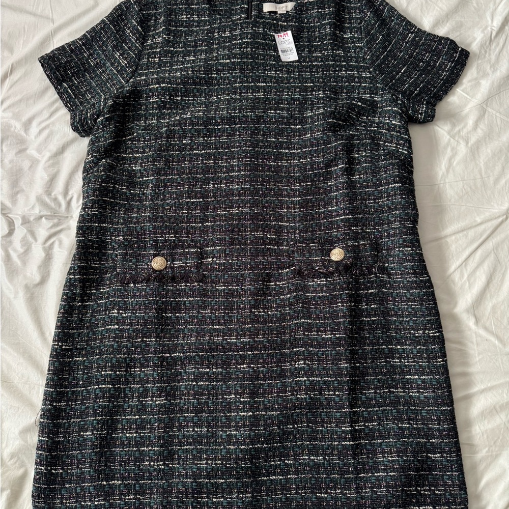 LOFT Tweed Shift Dress Size 14 Blue Green Short Sleeve Textured NWT